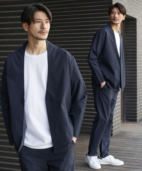 抗菌防臭付きノーカラーカーデジャケット&テーパードパンツセットアップ