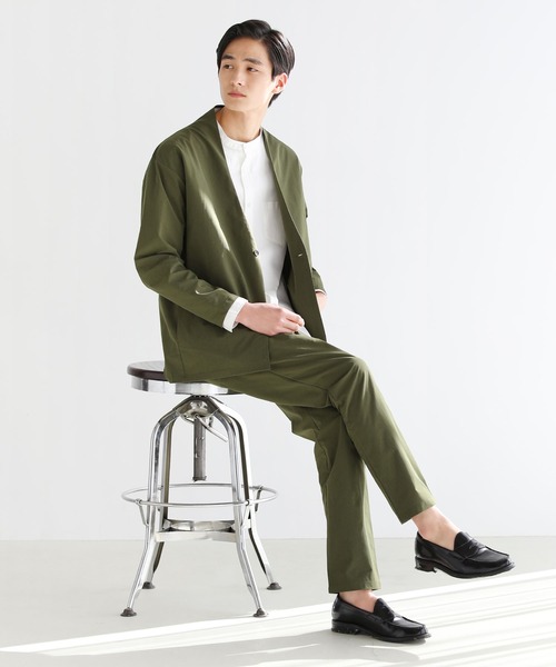 抗菌防臭付きノーカラーカーデジャケット&テーパードパンツセットアップ