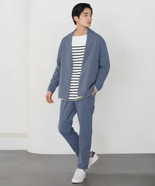 抗菌防臭付きノーカラーカーデジャケット&テーパードパンツセットアップ