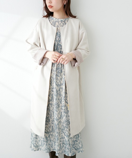 natural couture(ナチュラルクチュール)の「しっとり生地で高見え!袖口配色ノーカラーお上品コート(ノーカラーコート・レディース・ミント/グレイッシュベージュ/オフホワイト/サックスブルー・FREE)」の2枚目の写真