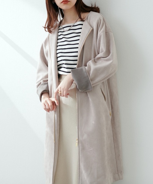natural couture(ナチュラルクチュール)の「しっとり生地で高見え!袖口配色ノーカラーお上品コート(ノーカラーコート・レディース・ミント/グレイッシュベージュ/オフホワイト/サックスブルー・FREE)」の3枚目の写真