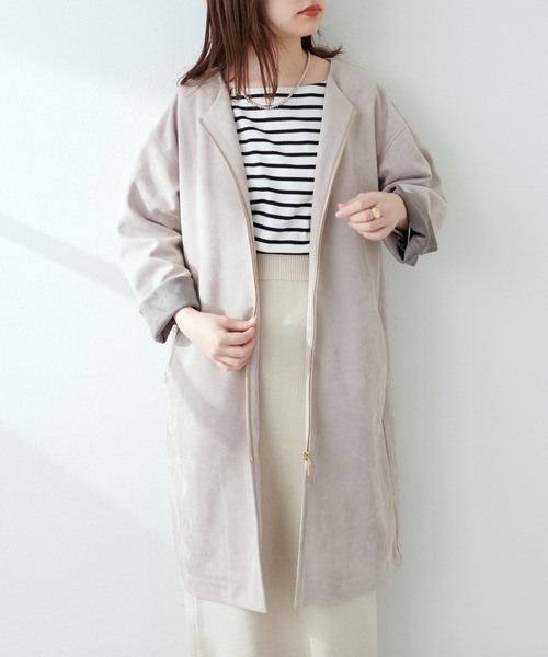 natural couture(ナチュラルクチュール)の「しっとり生地で高見え!袖口配色ノーカラーお上品コート(ノーカラーコート・レディース・ミント/グレイッシュベージュ/オフホワイト/サックスブルー・FREE)」の14枚目の写真