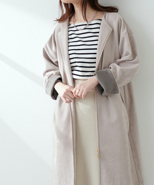 natural couture(ナチュラルクチュール)の「しっとり生地で高見え!袖口配色ノーカラーお上品コート(ノーカラーコート・レディース・ミント/グレイッシュベージュ/オフホワイト/サックスブルー・FREE)」の20枚目の写真