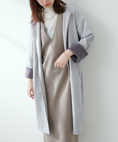 natural couture(ナチュラルクチュール)の「しっとり生地で高見え!袖口配色ノーカラーお上品コート(ノーカラーコート・レディース・ミント/グレイッシュベージュ/オフホワイト/サックスブルー・FREE)」の21枚目の写真