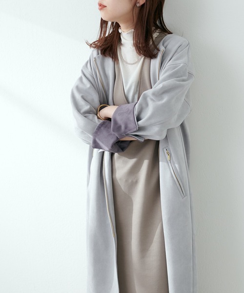 natural couture(ナチュラルクチュール)の「しっとり生地で高見え!袖口配色ノーカラーお上品コート(ノーカラーコート・レディース・ミント/グレイッシュベージュ/オフホワイト/サックスブルー・FREE)」の15枚目の写真