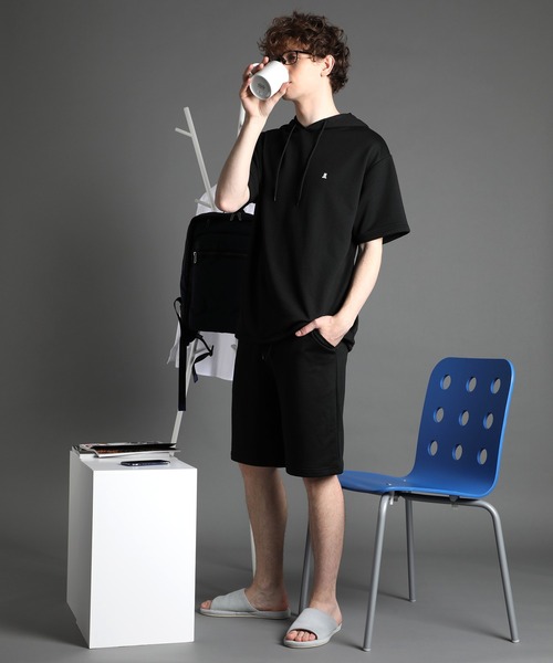 【LANVIN】ランバンコレクション　美品　半袖ブルゾンパーカー　ストライプ LANVIN en Bleu（ランバンオンブルー）の「COOLMAX 裏毛半袖