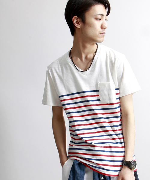 WEGO（ウィゴー）の「WEGO/ ボーダーVネックポケットTシャツ（Tシャツ/カットソー・メンズ・その他1/トリコロール/ブルー/ブラック・MEDIUM/LARGE）」の4枚目の写真