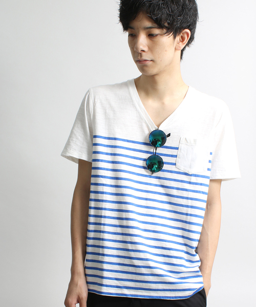 WEGO（ウィゴー）の「WEGO/ ボーダーVネックポケットTシャツ（Tシャツ/カットソー・メンズ・その他1/トリコロール/ブルー/ブラック・MEDIUM/LARGE）」の3枚目の写真