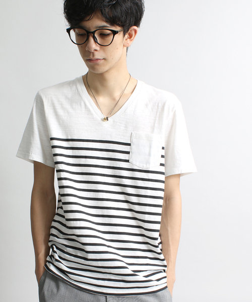 WEGO（ウィゴー）の「WEGO/ ボーダーVネックポケットTシャツ（Tシャツ/カットソー・メンズ・その他1/トリコロール/ブルー/ブラック・MEDIUM/LARGE）」の2枚目の写真