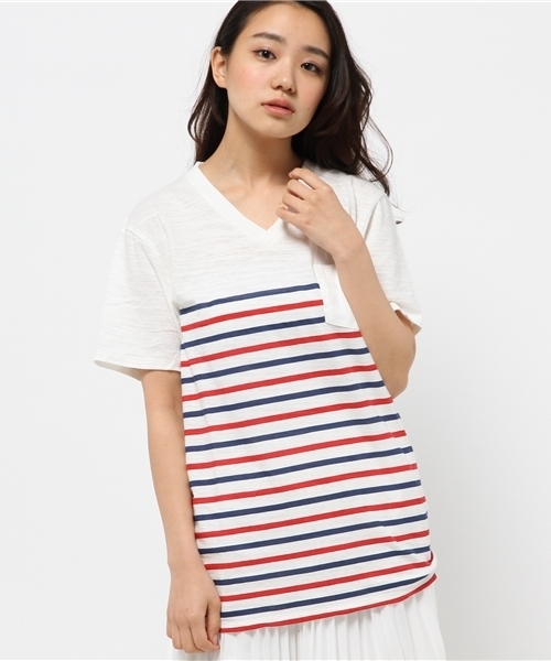 WEGO（ウィゴー）の「WEGO/ ボーダーVネックポケットTシャツ（Tシャツ/カットソー・メンズ・その他1/トリコロール/ブルー/ブラック・MEDIUM/LARGE）」の8枚目の写真