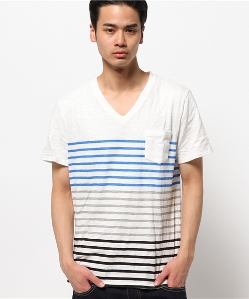 WEGO（ウィゴー）の「WEGO/ ボーダーVネックポケットTシャツ（Tシャツ/カットソー・メンズ・その他1/トリコロール/ブルー/ブラック・MEDIUM/LARGE）」の6枚目の写真