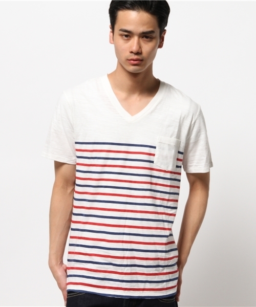 WEGO（ウィゴー）の「WEGO/ ボーダーVネックポケットTシャツ（Tシャツ/カットソー・メンズ・その他1/トリコロール/ブルー/ブラック・MEDIUM/LARGE）」の7枚目の写真