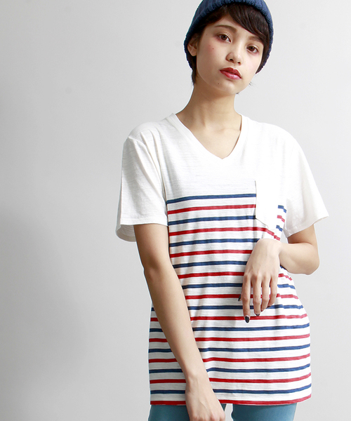 WEGO（ウィゴー）の「WEGO/ ボーダーVネックポケットTシャツ（Tシャツ/カットソー・メンズ・その他1/トリコロール/ブルー/ブラック・MEDIUM/LARGE）」の5枚目の写真