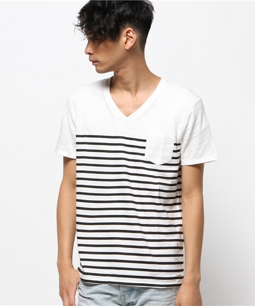 WEGO（ウィゴー）の「WEGO/ ボーダーVネックポケットTシャツ（Tシャツ/カットソー・メンズ・その他1/トリコロール/ブルー/ブラック・MEDIUM/LARGE）」の16枚目の写真