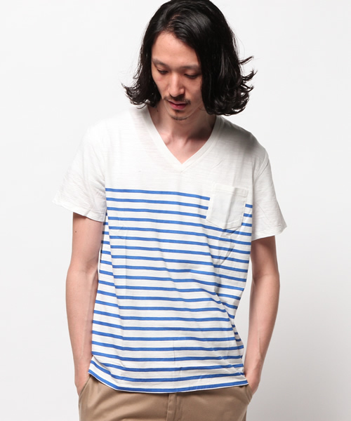 WEGO（ウィゴー）の「WEGO/ ボーダーVネックポケットTシャツ（Tシャツ/カットソー・メンズ・その他1/トリコロール/ブルー/ブラック・MEDIUM/LARGE）」の17枚目の写真