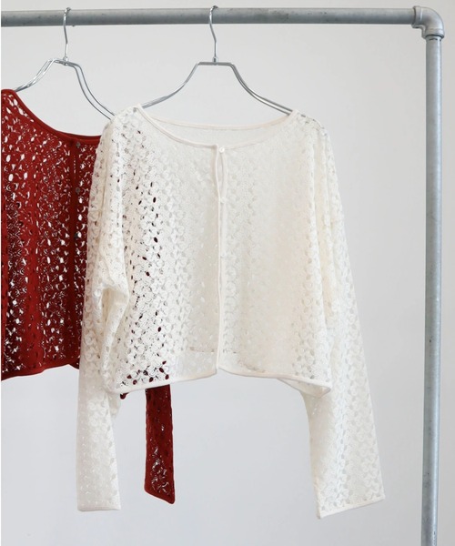 Green　Parks（グリーンパークス）の「2WAY すかし編みショート丈カーディガン＊（カーディガン/ボレロ・レディース・アイボリー/グリーン/ダークオレンジ・FREE）」の2枚目の写真