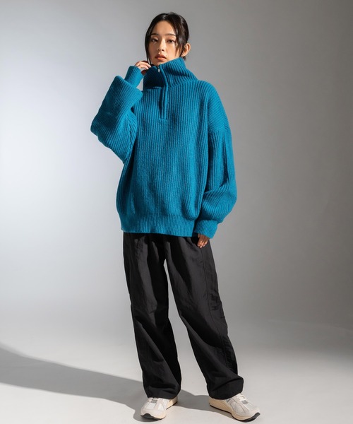 ハーフジップ畔編みトラックニットプルオーバー オーバーサイズ