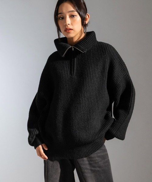 ハーフジップ畔編みトラックニットプルオーバー オーバーサイズ