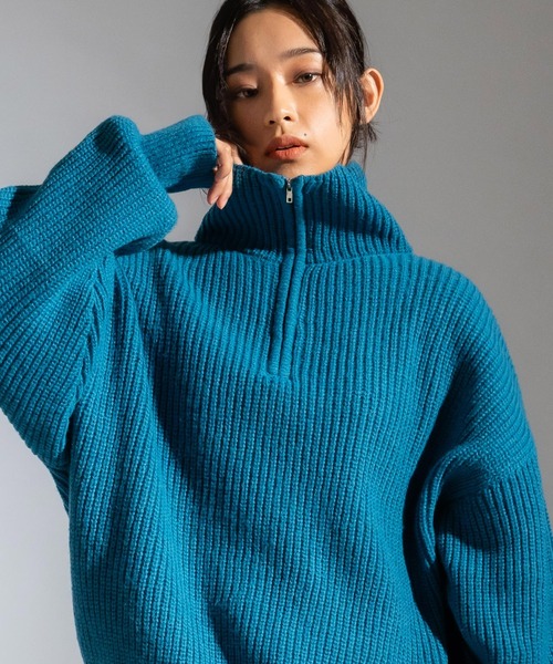 ハーフジップ畔編みトラックニットプルオーバー オーバーサイズ