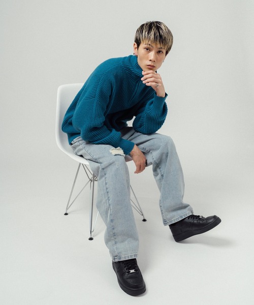 Ressaca（レサーカ）の「ハーフジップ畔編みトラックニットプルオーバー オーバーサイズ（ニット/セーター・メンズ・ブラック/ネイビー/グレー/オレンジ/ブルー/グリーン/マスタード/オフホワイト・M/L）」の12枚目の写真