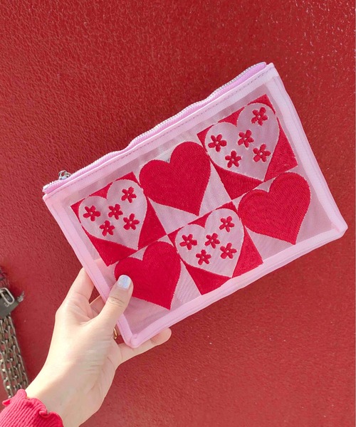 Casselini（キャセリーニ）の「Casselini(キャセリーニ)チュール刺繍ポーチ（ポーチ・レディース・ブルー/グリーン/ブラック/ピンク・FREE）」の6枚目の写真