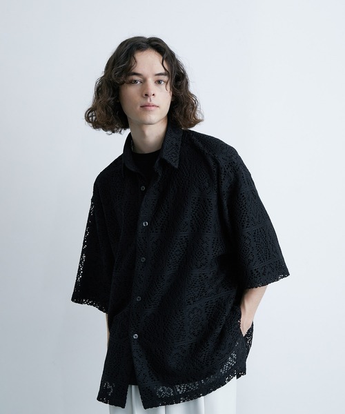 JUNRED（ジュンレッド）の「レギュラーカラーS/Sレースビッグシャツ（シャツ/ブラウス・メンズ・ブルー系その他4/ブラック/ホワイト・L/M/S）」の2枚目の写真