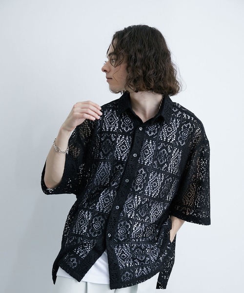 JUNRED（ジュンレッド）の「レギュラーカラーS/Sレースビッグシャツ（シャツ/ブラウス・メンズ・ブルー系その他4/ブラック/ホワイト・L/M/S）」の4枚目の写真