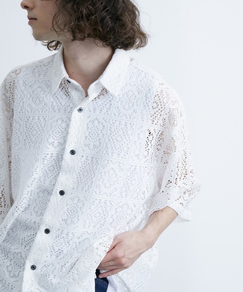 JUNRED（ジュンレッド）の「レギュラーカラーS/Sレースビッグシャツ（シャツ/ブラウス・メンズ・ブルー系その他4/ブラック/ホワイト・L/M/S）」の13枚目の写真