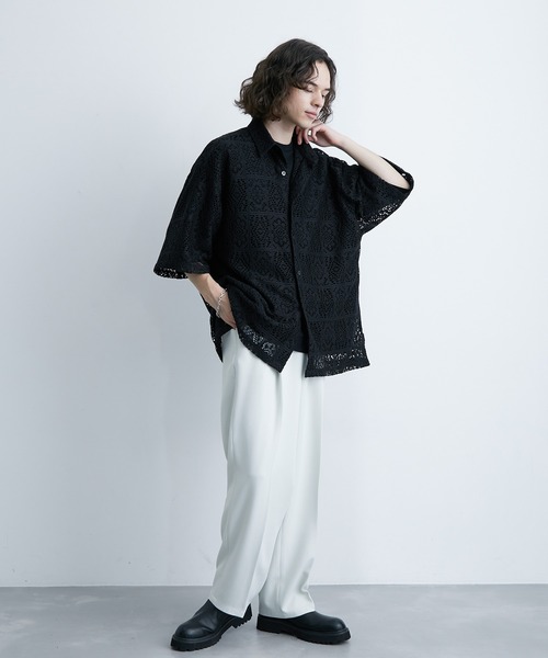 JUNRED（ジュンレッド）の「レギュラーカラーS/Sレースビッグシャツ（シャツ/ブラウス・メンズ・ブルー系その他4/ブラック/ホワイト・L/M/S）」の8枚目の写真