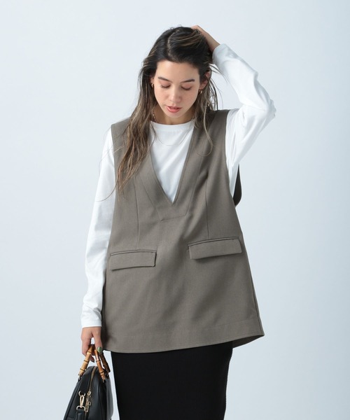 BAYFLOW（ベイフロー）の「リネンライクVネックベスト（ベスト・レディース・ネイビー/カーキ/ベージュ・FREE）」の6枚目の写真