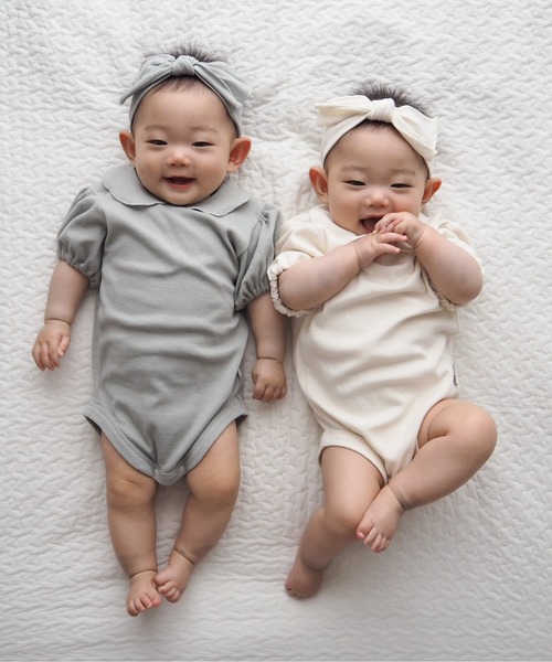 MAKE YOUR DAY（メイクユアデイ）の「無地リブ襟付きパフスリーブロンパス（ロンパース・キッズ・オレンジ/ピンク/ミント/オフホワイト・80/70）」の2枚目の写真