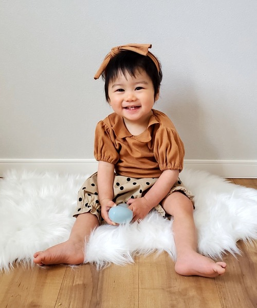 MAKE YOUR DAY（メイクユアデイ）の「無地リブ襟付きパフスリーブロンパス（ロンパース・キッズ・オレンジ/ピンク/ミント/オフホワイト・80/70）」の8枚目の写真