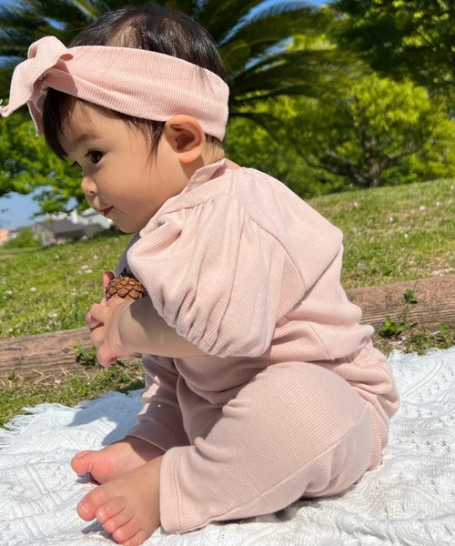 MAKE YOUR DAY（メイクユアデイ）の「無地リブ襟付きパフスリーブロンパス（ロンパース・キッズ・オレンジ/ピンク/ミント/オフホワイト・80/70）」の10枚目の写真