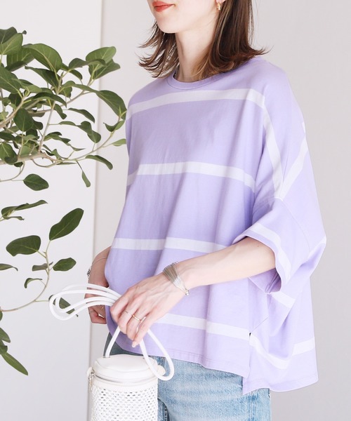 reca（レカ）の「ゆるっとラクにオシャレが決まる！ドルマンボーダーカットソー（Tシャツ/カットソー・レディース・ブラック/ラベンダー/グレイッシュベージュ/オフホワイト/グレー系その他・M）」の5枚目の写真