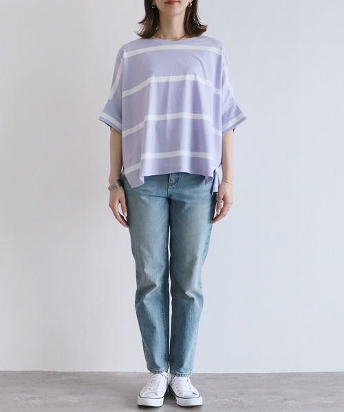 reca（レカ）の「ゆるっとラクにオシャレが決まる！ドルマンボーダーカットソー（Tシャツ/カットソー・レディース・ブラック/ラベンダー/グレイッシュベージュ/オフホワイト/グレー系その他・M）」の6枚目の写真