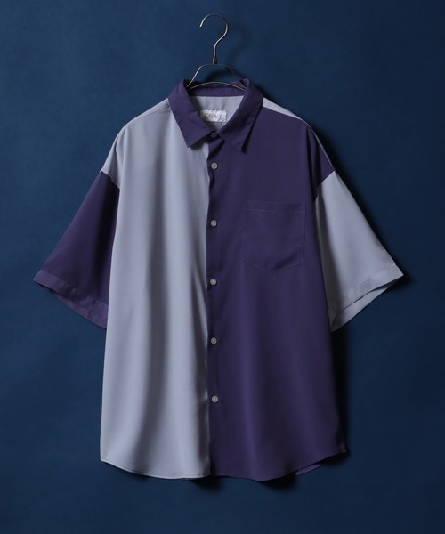ANPAS（アンパス）の「Amunzen  Oversized Color Switching Design Shirt/梨地 オーバーサイズ バイカラー ストライプ クレリック シャツ（シャツ/ブラウス・メンズ・グレー系その他/パープル/ブラック系その他/ブラック系その他2/グリーン系その他/ライトグレー・LL/M/L）」の4枚目の写真