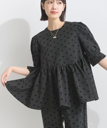 【セットアップ可能】フロッキードットペプラム五分袖ブラウス