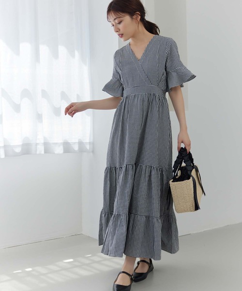 【美品】Rene TISSUE 襟付きティアードワンピース　ギンガムチェック 美品】Rene TISSUE 襟付きティアードワンピース ギンガム