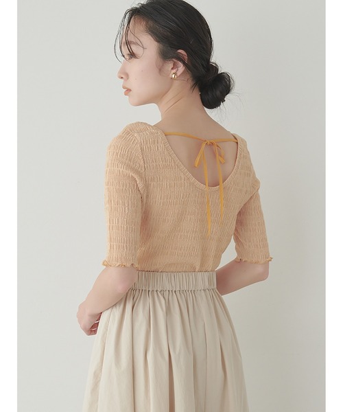 Stylevoice for xxx（スタイルヴォイスフォー）の「バックリボンハーフスリーブシュリンクカットソー（Tシャツ/カットソー・レディース・オレンジ/オフホワイト/ブラック・FREE）」の4枚目の写真