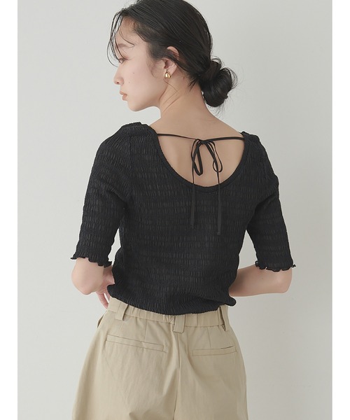 Stylevoice for xxx（スタイルヴォイスフォー）の「バックリボンハーフスリーブシュリンクカットソー（Tシャツ/カットソー・レディース・オレンジ/オフホワイト/ブラック・FREE）」の8枚目の写真