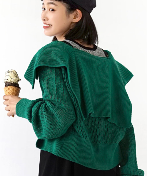 zootie(ズーティー)の「透かし編み セーラーカラー ニットカーディガン(カーディガン/ボレロ・レディース・アイボリー/グリーン/オレンジ・M)」の12枚目の写真