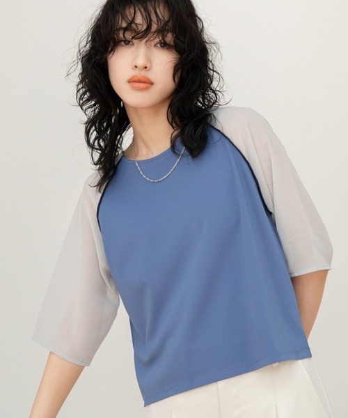 AGLINI 売れ筋商品|||アリーニ Tシャツ トップス レディース Tops Azure 袖シアー切替スリットトップス（Tシャツ/カットソー）｜VACANCY