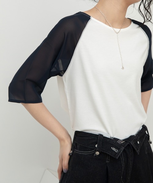 プルシア　自由区　ブルー 半袖 トップス スリット入り 袖シアー切替スリットトップス（Tシャツ/カットソー）｜VACANCY