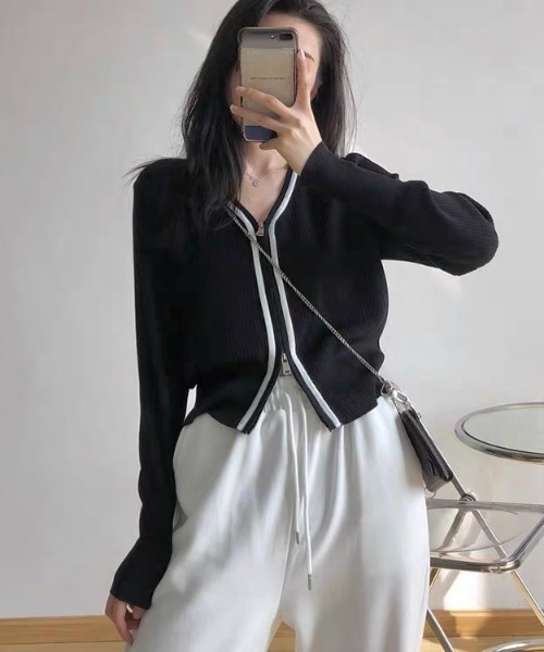 LADY LIKE(レディライク)の「フロントジップバイカラーカーディガン(カーディガン/ボレロ・レディース・ブラック×ホワイト/ブラック/ホワイト×ブラック/ホワイト・M)」の6枚目の写真