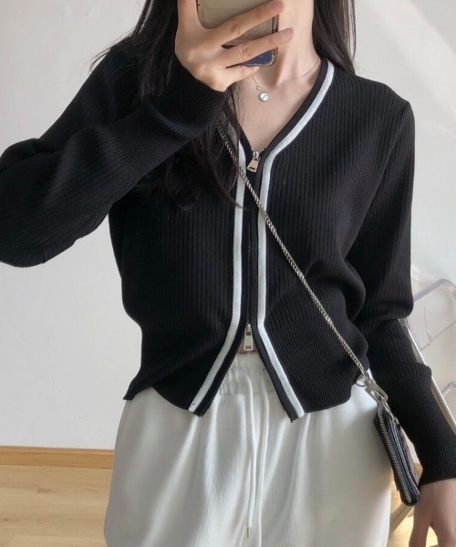 LADY LIKE(レディライク)の「フロントジップバイカラーカーディガン(カーディガン/ボレロ・レディース・ブラック×ホワイト/ブラック/ホワイト×ブラック/ホワイト・M)」の8枚目の写真