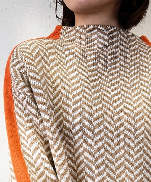 STYLEBLOCK(スタイルブロック)の「ヘリンボーン柄ニットラインスリーブボトルネックプルオーバー(ニット/セーター・レディース・グリーン/マスタード/ブラック/ベージュ・M)」の8枚目の写真