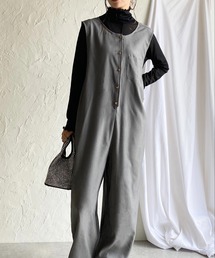 バックVネックロング丈ストレートオールインワンサロペットパンツ