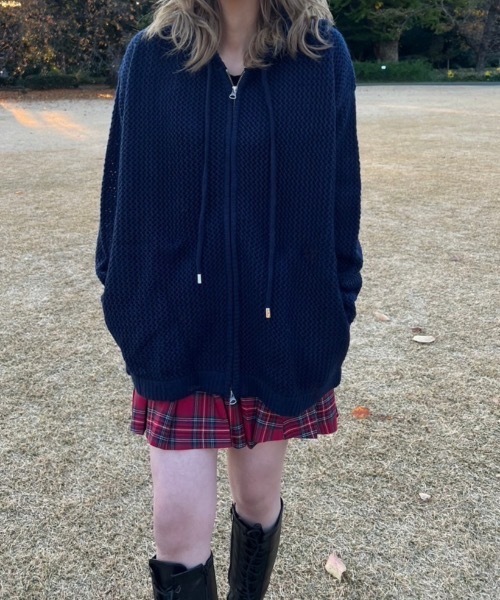 shesame（シーセム）の「メッシュ編みニットパーカー（ニット/セーター・レディース・ネイビー/グレー・MEDIUM/LARGE）」の3枚目の写真