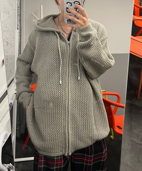 shesame（シーセム）の「メッシュ編みニットパーカー（ニット/セーター・レディース・ネイビー/グレー・MEDIUM/LARGE）」の8枚目の写真