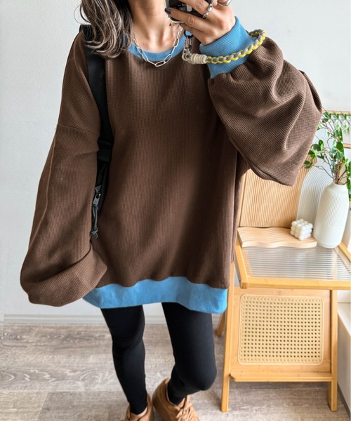 AMELY（エミリー）の「《emaさんコラボ》ワッフルトップス（Tシャツ/カットソー・レディース・ライトグレー/ネイビー/ベージュ/アイボリー/ブラック/ブルー/ピンク/パープル/オレンジ/グレー系その他/ブラウン系その他・フリー）」の5枚目の写真